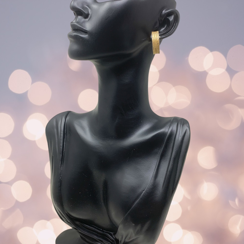 Vintage BERGERE Gold Tone Braided Hoop Clip Earrings Signed 1970's Designer